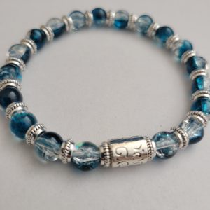 Mens Deep Blue Sea Crackle Glass Stretch Bracelet With Antiqued Silver Accents