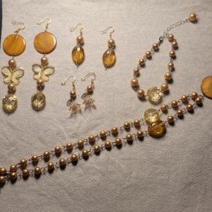Vintage Estate 70s Jewelry Set - 3 Pair Earrings, Bracelet, Necklace Amber Butterfly